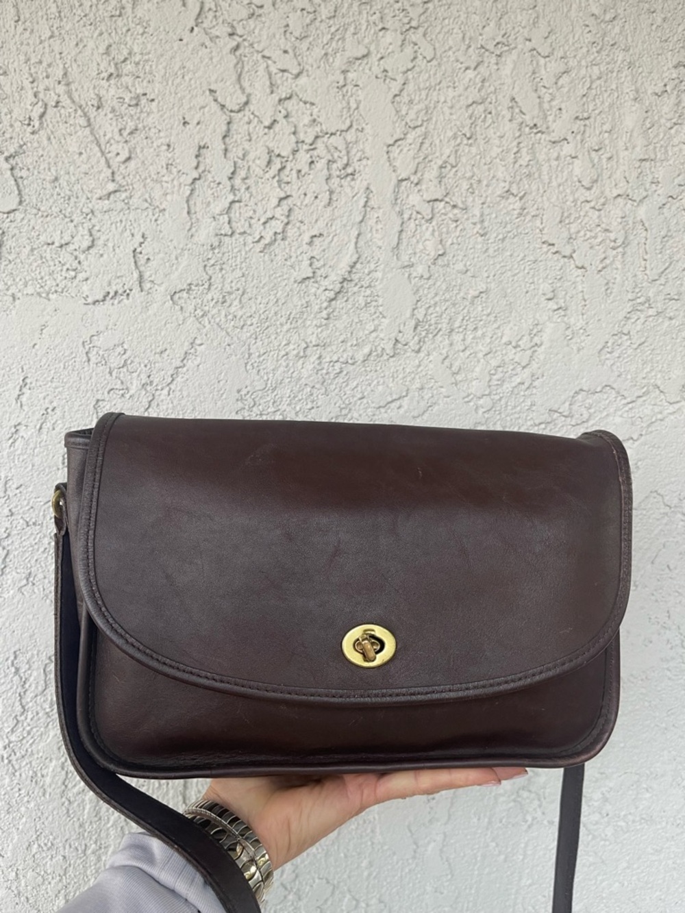 Vintage Coach Dark Brown Leather Crossbody Bag with Gold Hardware